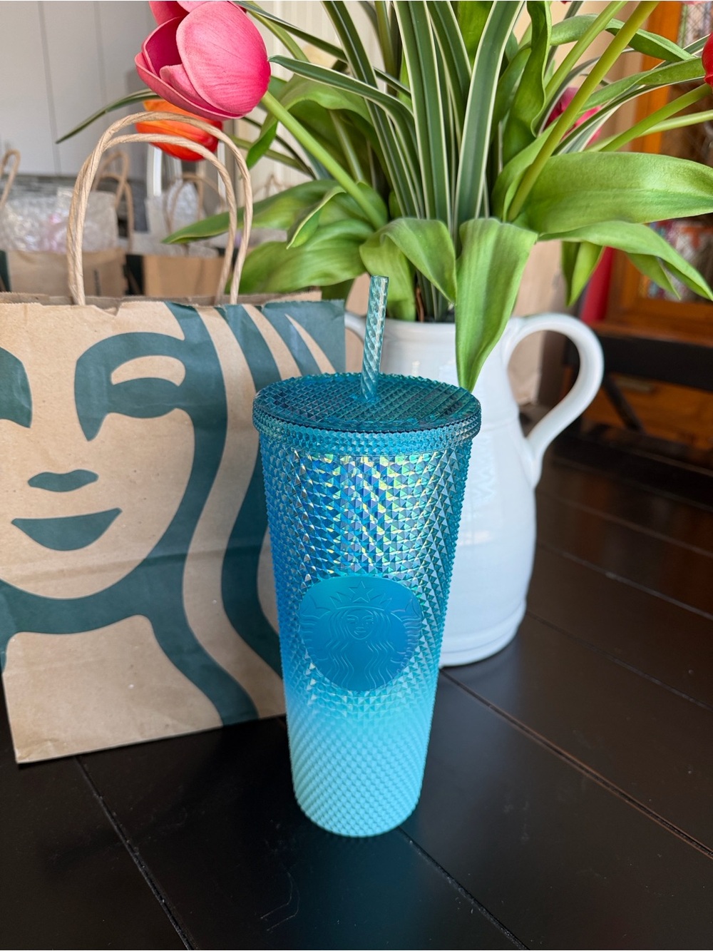 NWT Starbucks Blue to Aqua Ombre Studded Tumbler with Straw